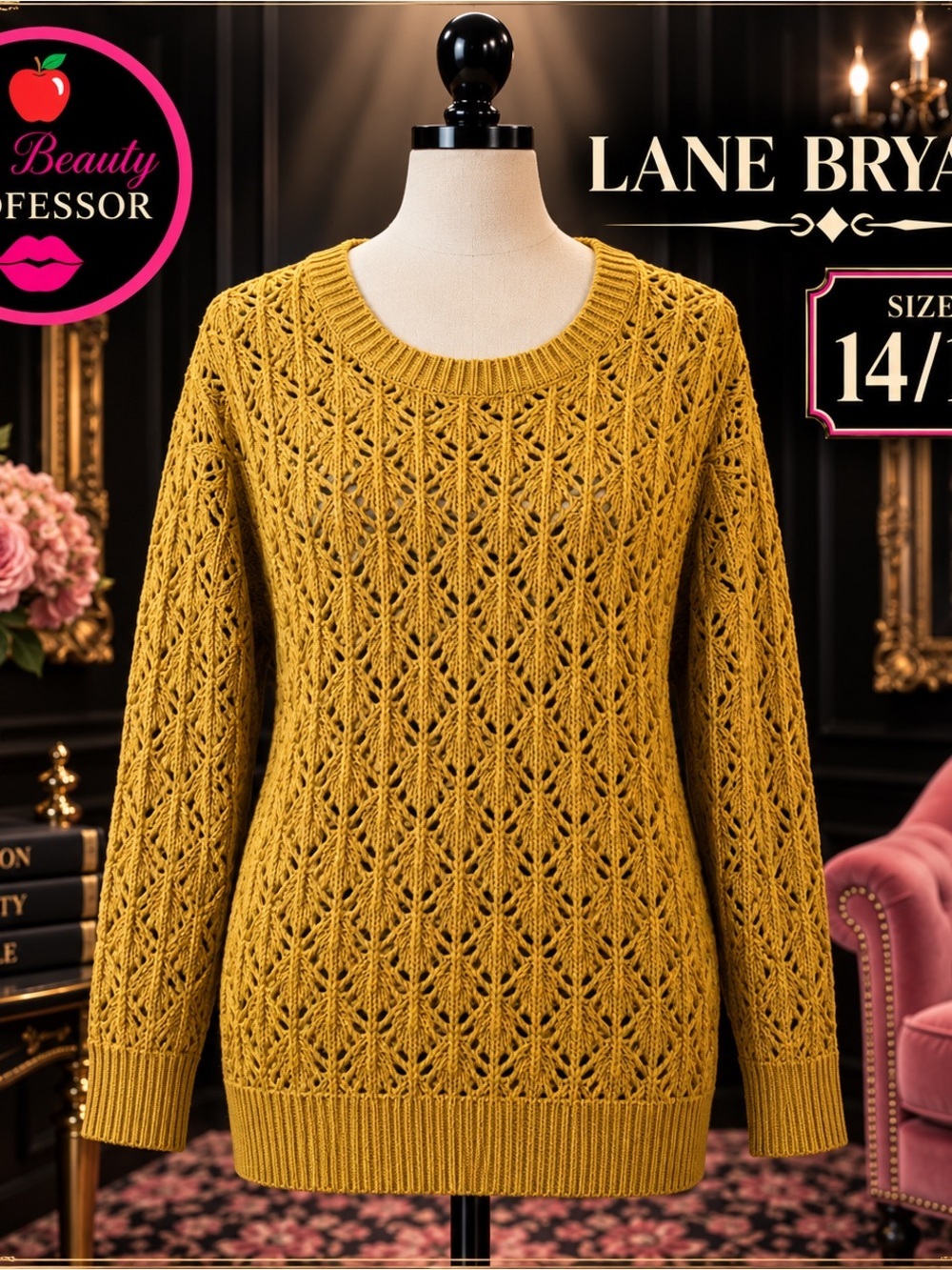 Lane Bryant 14/16 Mustard Open Knit Pointelle Long Sleeve Sweater - Picture 1 of 10